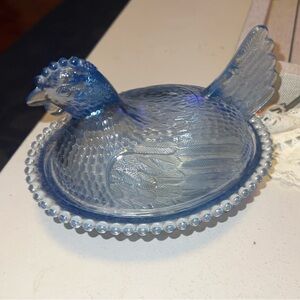 Indiana glass Blue Hen on Nest Covered Dish